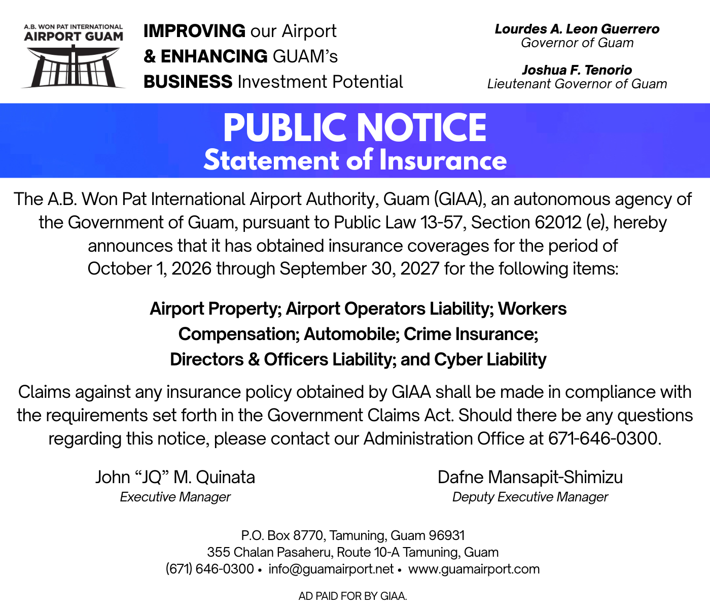 Public Notice for Statement of Insurance